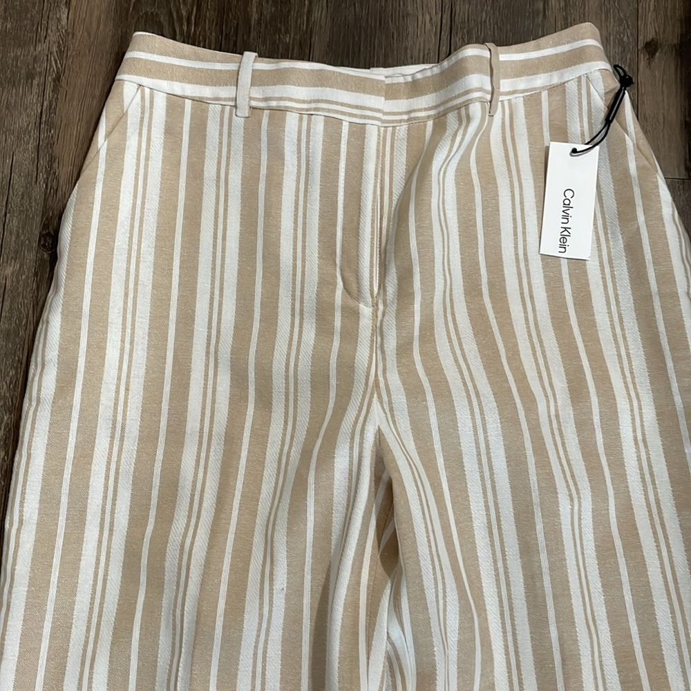 Calvin Klein Beige & White Striped Wide-Leg Pants - Picture 2 of 8